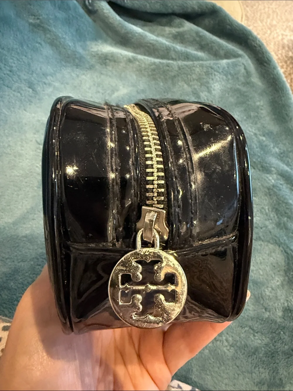Tory Burch Black Patent Logo Zip Cosmetic Case